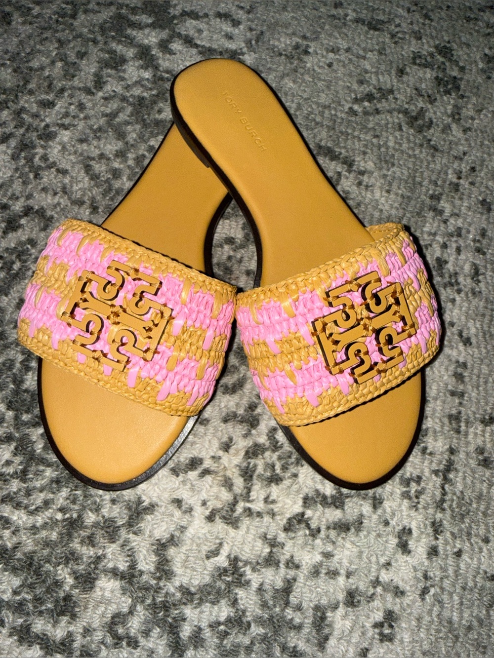 Tory Burch Pink and Yellow Raffia Slide Sandals